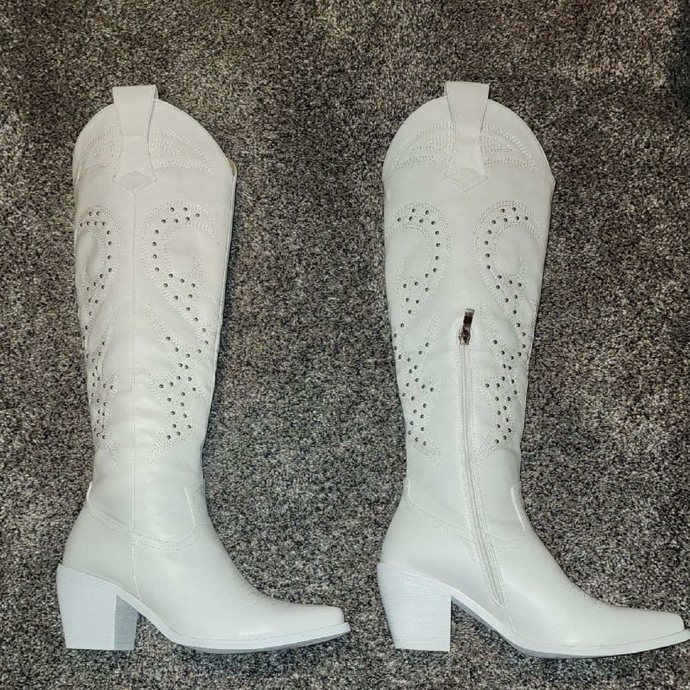 Studded White Western Knee-High Boots
